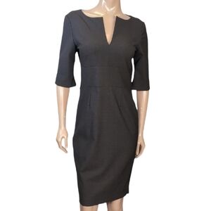 Sandra Angelozzi Sheath Dress Split Vneck Half Sleeve Grey Wool Blend Business